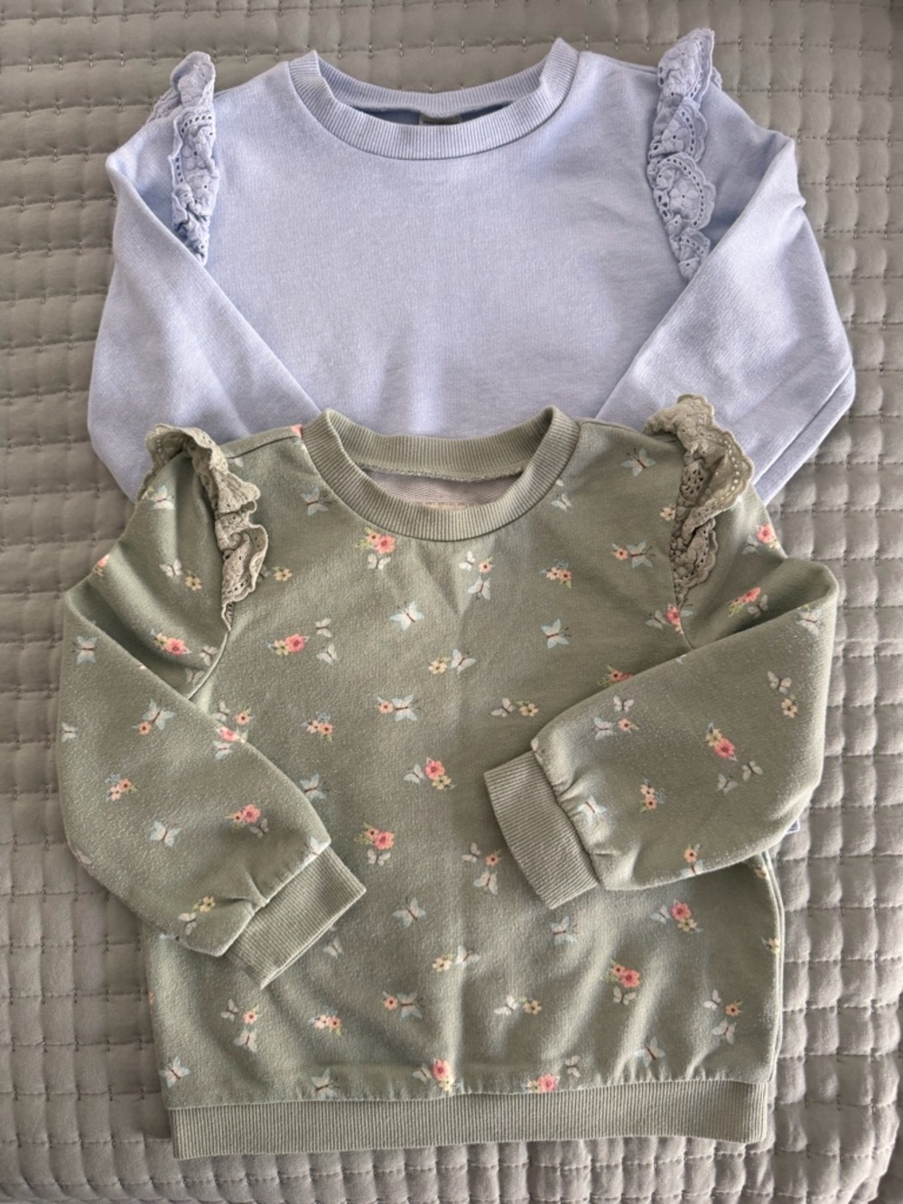 Girls' Floral Ruffle Shoulder Sweatshirt - Sage and Light blue bundle
